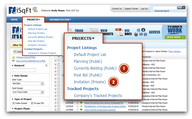Projects Menu