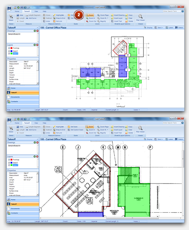 To zoom into a particular section of the drawing, select the Zoom buttom on the ribbon and drag the cursor on the area you wish to zoom in