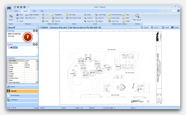 You will see the drawing you added from Step 5 listed in the Drawings panel as well as in the viewer. You're ready to do your takeoff