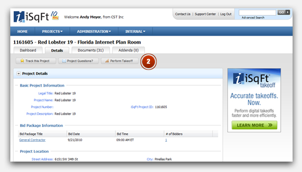 Find a project you want to work on in iSqFt 10. Then click on the Perform Takeoff button